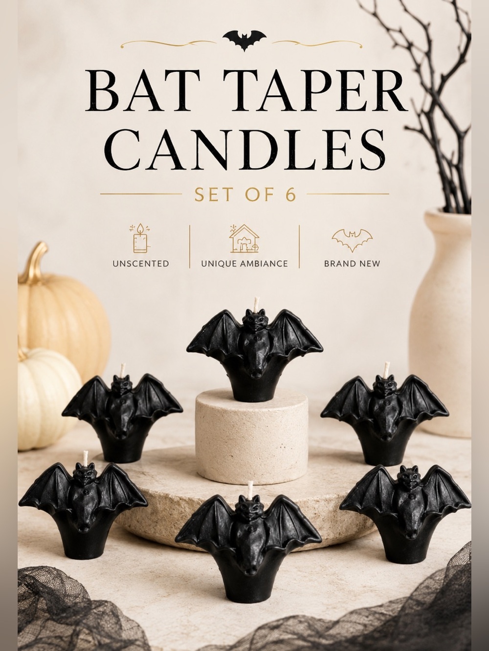 Illuminations Black Bat Taper Candles Set of 6 Halloween Gothic Decor